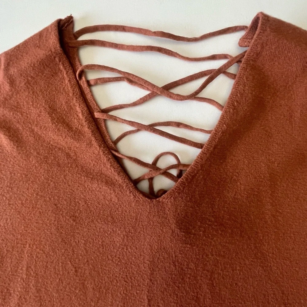 Rust V-Neck Sweater with Crisscross Detail